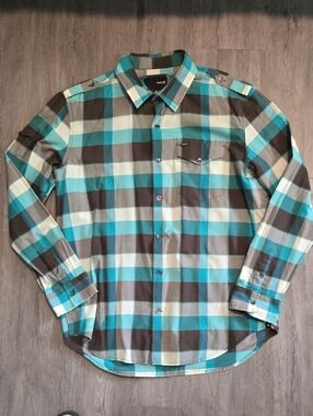 Hurley Teal, Gray and White Plaid Button-Down Shirt